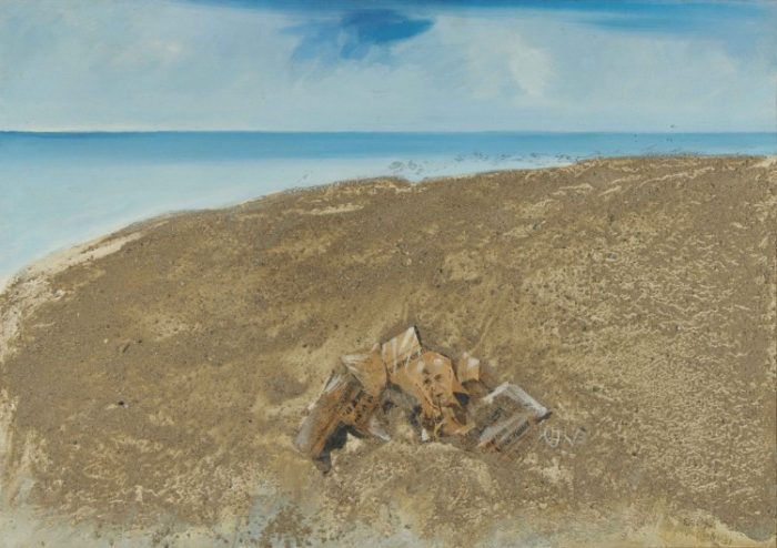 Στην άμμο την ξανθή, 1971 Σπύρος Βασιλείου Ακρυλικό, άμμος και κολάζ σε μουσαμά, 81 x 116 εκ. Συλλογή Γιώργου Νιάρχου
